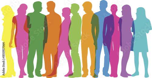 Colorful, human, silhouettes, standing, diverse, people, group, community, inclusion, posture, clothing, style, vector, design, illustration, demographic, social, icon, isolated, diversity