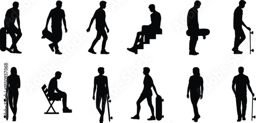Skateboarder silhouette set, young man walking sitting holding skateboard poses, urban street lifestyle concept, black human figures icons collection vector