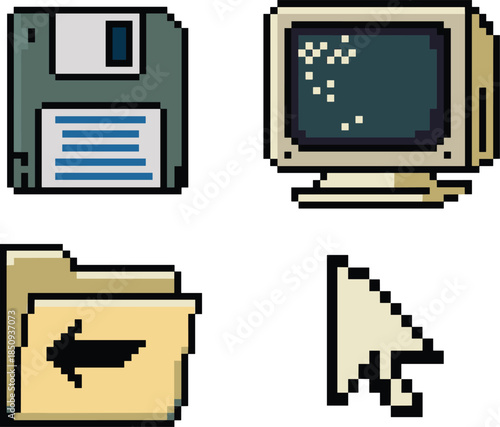 Pixel art retro computer interface icons set featuring floppy disk CRT monitor folder cursor vintage technology illustration