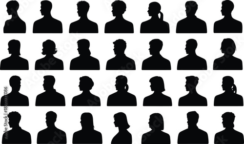 People head silhouette profile icons set featuring male female faces avatars identification identity black illustration collection