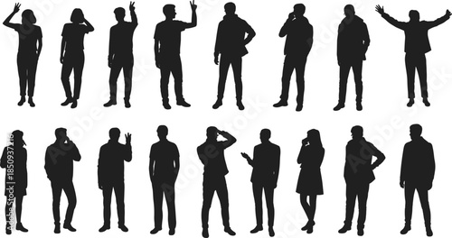People silhouette gesture poses set featuring men women standing waving talking casual lifestyle illustration collection