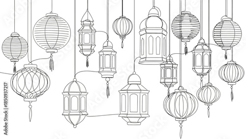 Collection of Decorative Hanging Lanterns in Line Art Style