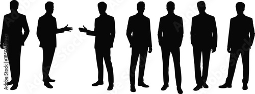 Business men silhouettes, professional team standing, corporate leadership concept, anonymous people, teamwork success, negotiation discussion, office style 