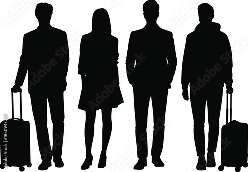 Travelers silhouettes standing set, men and woman with luggage, modern tourism, airport journey, business travel, isolated people illustration