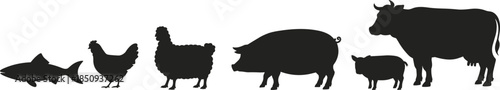 Farm animal silhouettes set showing fish, chicken, sheep, pig, calf and cow isolated on white background for design use