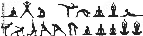Yoga poses silhouettes collection, meditation stretching balance exercises, fitness wellness practice isolated on white background vector illustration set