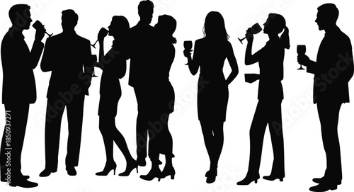 People silhouette social party poses set featuring men women drinking wine celebration bar lifestyle illustration collection