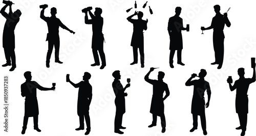 Bartender silhouette cocktail mixing poses set featuring professional barman shaking pouring drinks bar service illustration collection