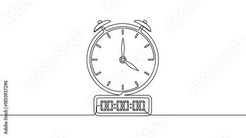 Continuous Line Drawing of Alarm Clock and Digital Clock, Time Concept