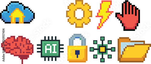 Pixel art technology icons set, cloud gear lightning AI brain security symbols for retro game interface isolated on white background