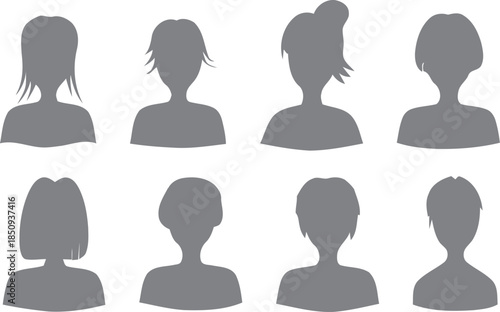 Collection of diverse female silhouettes showcasing various modern hairstyle options