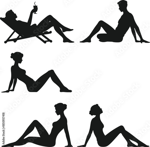 People relaxing silhouettes set, men women lounging sitting reclining leisure poses, summer vacation lifestyle isolated on white background vector illustration