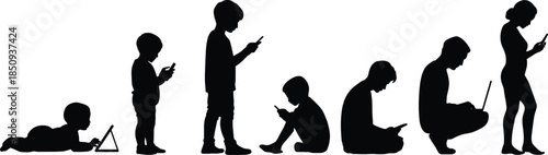 children growing with technology silhouette, digital device addiction stages, smartphone and tablet usage evolution, modern lifestyle concept illustration