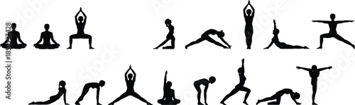 Yoga silhouette poses collection featuring meditation stretching balance flexibility wellness fitness practice illustration set