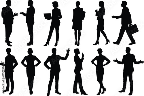 Business people silhouette interaction poses set featuring men women talking presenting office corporate lifestyle illustration collection