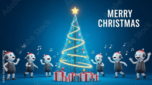 Merry Christmas Celebration with Cute Cartoon Robots, Glowing Tree, and Presents on Blue Background 3D Render
