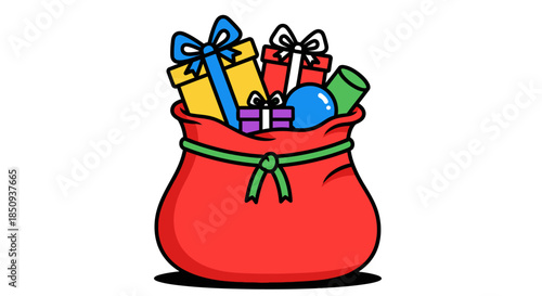 Red sack filled with colorful christmas gifts and decorations on white background
