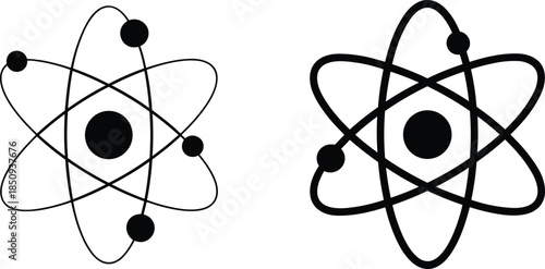 Atomic model silhouettes, science icon, electron orbit, physics symbol, chemistry concept, nucleus structure, vector art, black design, minimal illustration