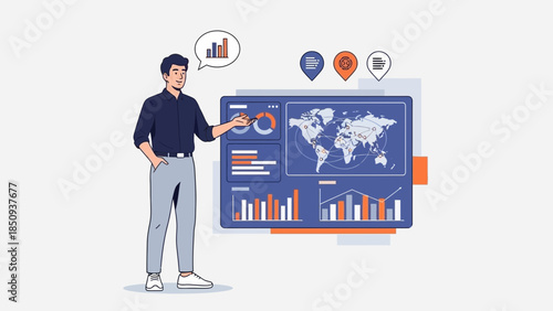 Business analyst presenting data insights on global economic trends with digital dashboard