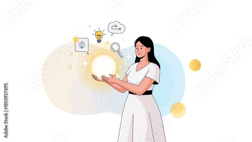 Innovative female scientist holding glowing orb with digital icons representing ideas and