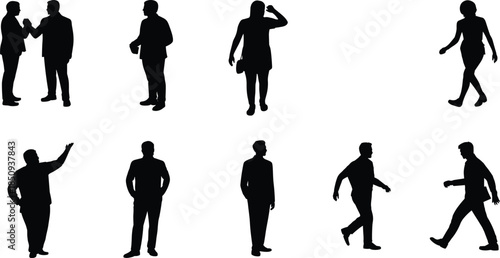 People silhouette set, men and women standing walking talking gestures, casual social interaction concept, black human figures icons collection