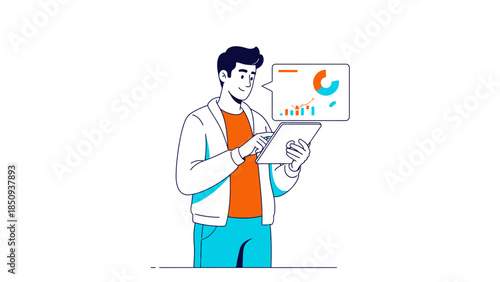 Young man analyzing data charts on a tablet device with graphical interface setup for business