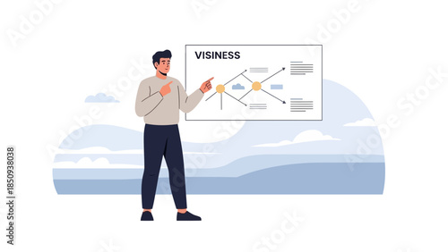 Business presentation illustration showing a man presenting data on a chart with the word VISINESS