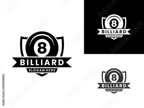 Billiard ball with shield logo design vector template, Billiard ball logo design vector icon