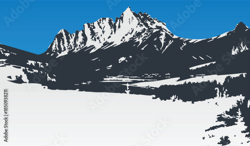 Jagged mountain range with sharp snow-capped peaks beneath a clear blue sky, rendered in a clean flat style, ideal for outdoor branding, travel posters, adventure sports logos, and nature-themed