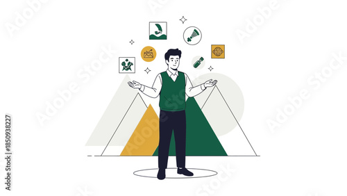 Illustration of a confident businessman balancing growth and financial tools visualized with