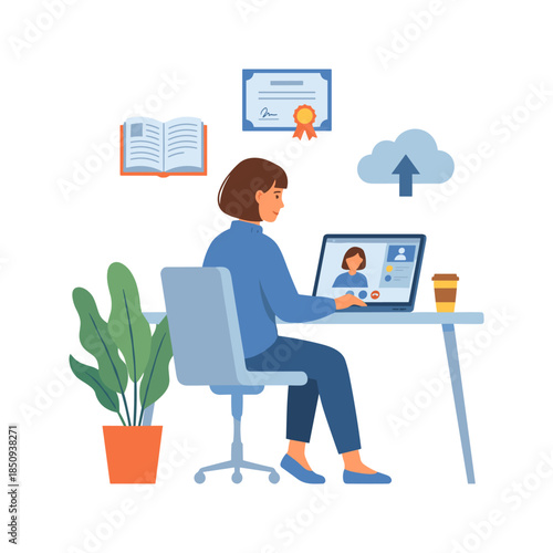 Woman working remotely online learning e learning concept
