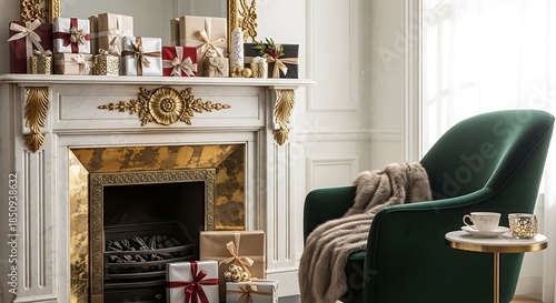 Cozy armchair with knitted blanket near a festive fireplace adorned with Christmas gifts