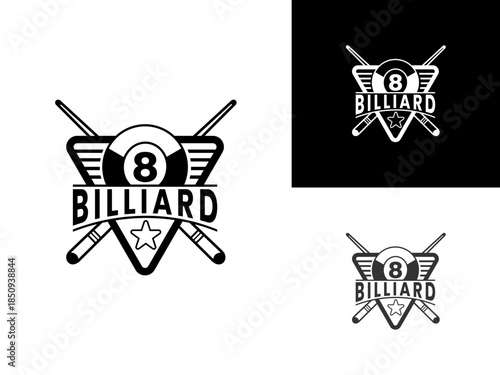 Billiard ball with triangle and stick logo design vector template. Retro billiard logo design vector icon