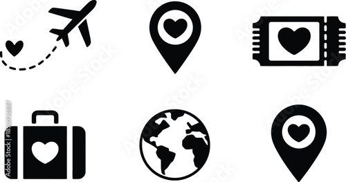 Black travel and love icons on white background airplane