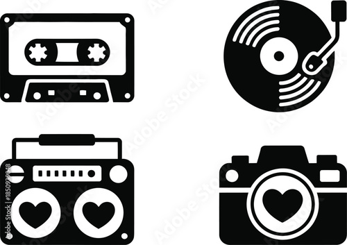 Retro cassette tape vinyl record player boombox camera icons