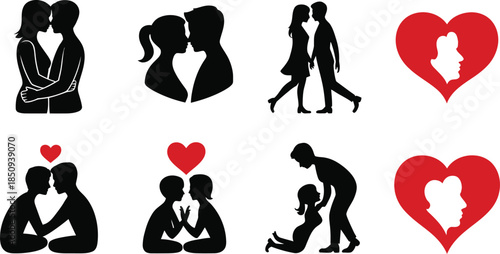 Romantic Couple Silhouettes and Heart Symbols love