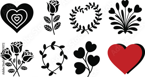 Romantic Decorative Elements and Hearts rose flower