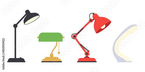 Set of different modern desk lamps providing illumination