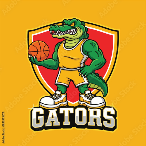 Muscular cartoon alligator mascot playing basketball in a yellow uniform