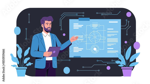 Business professional presenting high-tech digital interface on futuristic display screen