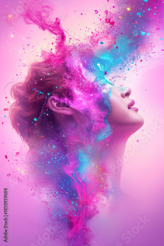 A surreal portrait of a young man releasing vibrant clouds of color, symbolizing creativity, imagination, emotional freedom, and the power of inner expression.