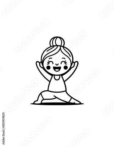 A happy young woman in sportswear doing a seated straddle stretch, isolated on a white background.
