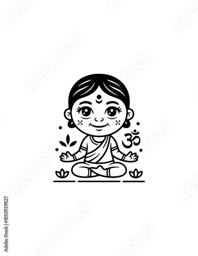 A happy young woman in sportswear doing a seated straddle stretch, isolated on a white background.