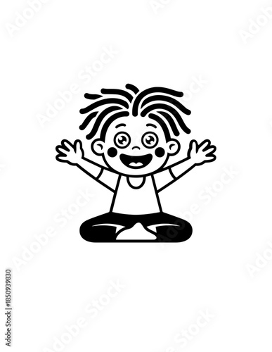 A happy young woman in sportswear doing a seated straddle stretch, isolated on a white background.