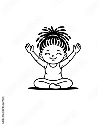 A happy young woman in sportswear doing a seated straddle stretch, isolated on a white background.