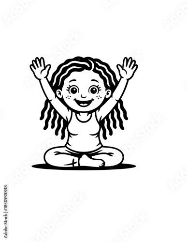 A happy young woman in sportswear doing a seated straddle stretch, isolated on a white background.