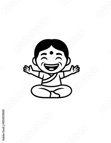 A happy young woman in sportswear doing a seated straddle stretch, isolated on a white background.