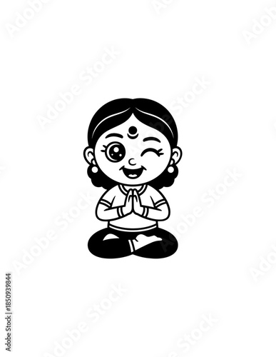 A happy young woman in sportswear doing a seated straddle stretch, isolated on a white background.