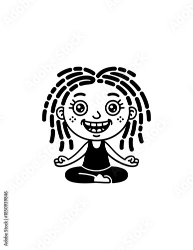 A happy young woman in sportswear doing a seated straddle stretch, isolated on a white background.