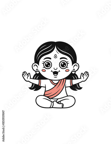 A happy young woman in sportswear doing a seated straddle stretch, isolated on a white background.